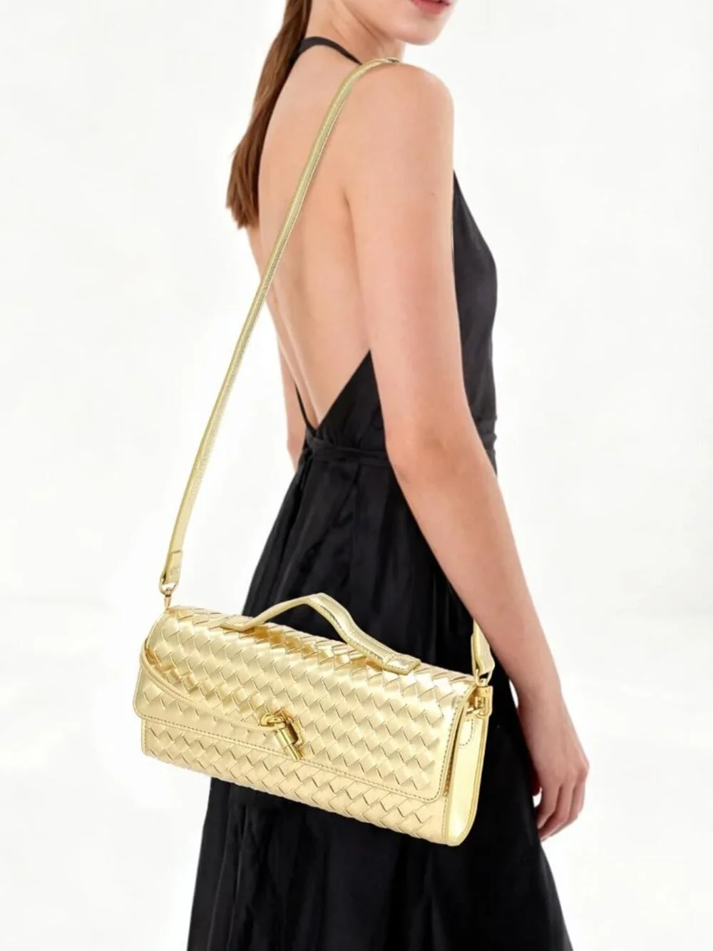 Women's Gold Pu Leather Clutch Twist Lock Stylish Evening Woven Purse Bag